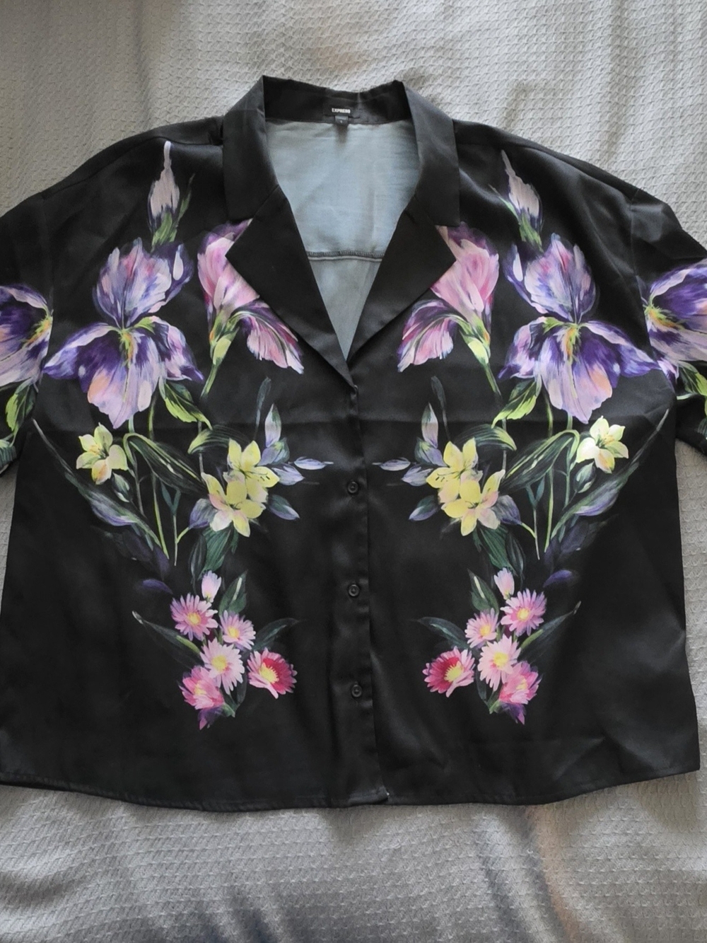 Express Black Floral Button-Down Shirt with Purple & Pink Accents